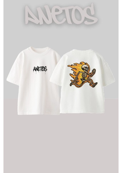 American Retro Iskelet Tasarım Sırt Baskılı Pamuk Beyaz Oversize T-Shirt