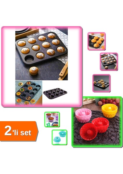 12 Bölmeli Metal Yapışmaz Muffin Kek Kalıbı + 6 Adet Muffin Kek Kalıbı - Mutfak Gereçleri ABC123