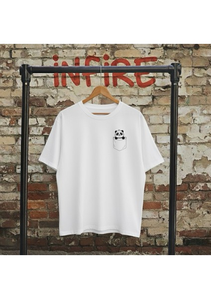 Panda Beyaz Baskılı Unisex Bisiklet Yaka Pamuk Oversize T-Shirt