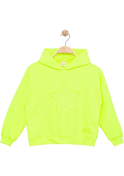 Kız Çocuk Kapşonlu Fosforlu Yeşil Sweatshirt - Yıldız Desenli Yazı Nakışlı Çocuk Sweat fiyatları