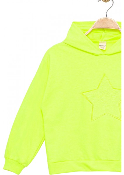 Kız Çocuk Kapşonlu Fosforlu Yeşil Sweatshirt - Yıldız Desenli Yazı Nakışlı Çocuk Sweat fırsatları