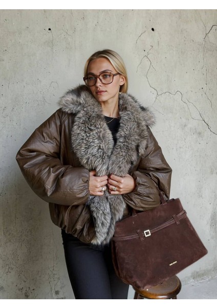 D99777 Kürk Detaylı Oversize Mumlu Kadın Mont Kahve fiyatları