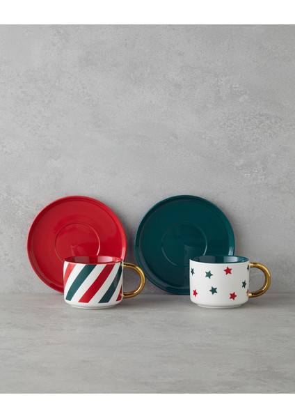 Holiday Shine New Bone China 4 Parça 2 Kişilik Çay Fincanı Takımı 200 ml Kırmızı-Yeşil-Gold
