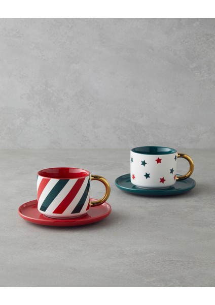 Holiday Shine New Bone China 4 Parça 2 Kişilik Çay Fincanı Takımı 200 ml Kırmızı-Yeşil-Gold fiyatları