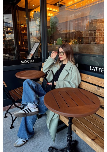 Mint Melanj Kuşaklı Astarlı Oversize Yün Kaban