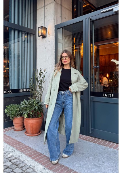 Mint Melanj Kuşaklı Astarlı Oversize Yün Kaban fiyatları