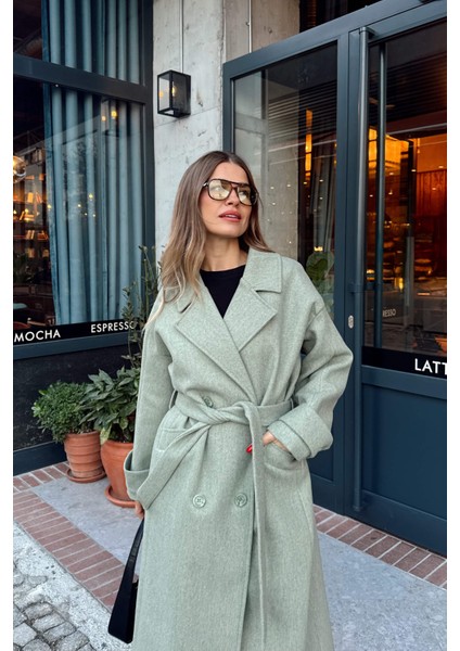 Mint Melanj Kuşaklı Astarlı Oversize Yün Kaban modelleri