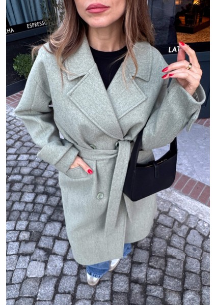 Mint Melanj Kuşaklı Astarlı Oversize Yün Kaban fırsatları