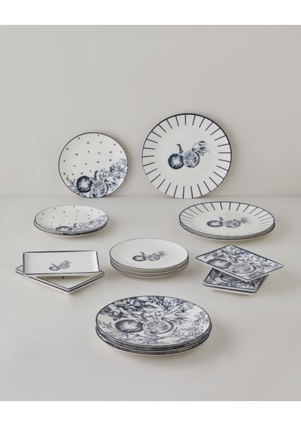 Pomara Porselen Kahvaltı ve Sunum Seti 18 Parça 6 Kişilik Lacivert-Beyaz