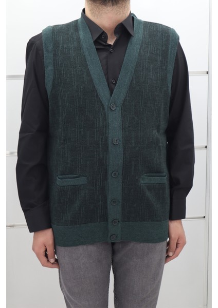 Fistan Store Erkek Haki Yeşil Desenli Klasik Kesim Rahat Kalıp V - Yaka Kışlık Yünlü Yelek
