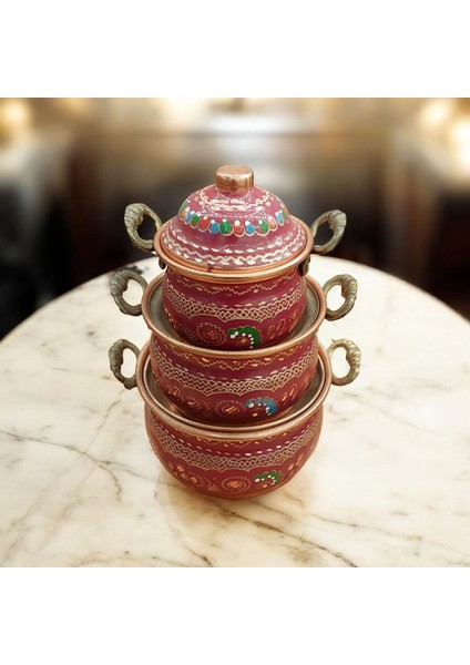 Mini Bakır Tencere 18*8 cm Mini Süs Tencere 3'lü Süs Biblo Tencere Minyatur Tencere