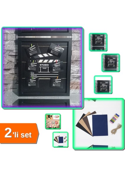 Klaket Tasarımlı + Mandallı 2li Fotoğraf Çerçevesi Seti + Albüm F12G8Q