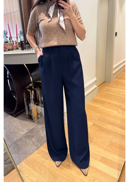 Pile Detay Geniş Paça Palazzo- Lacivert