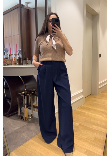 Pile Detay Geniş Paça Palazzo- Lacivert modelleri