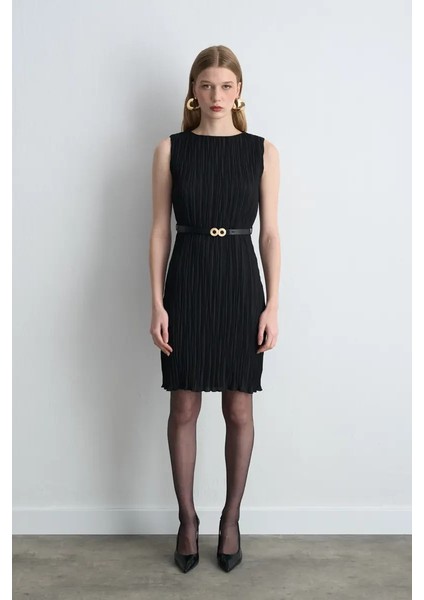 Kemerli Pilise Elbise - Siyah