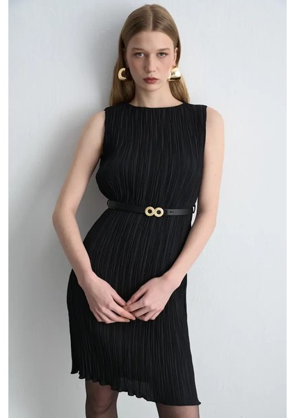 Kemerli Pilise Elbise - Siyah modelleri