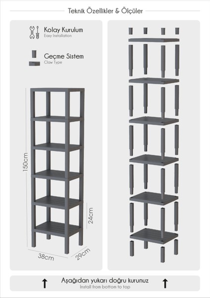 6 Katlı Düzenleyici Plastik Raf Ünitesi, Kitaplık, Banyo, Mutfak Rafı, Ayakkabılık - Gri