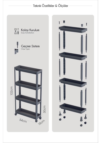 Slim 4 Katlı Tekerlekli Mutfak ve Banyo Rafı - Dar Alan Baharatlık Havluluk Düzenleyici Organizer modelleri