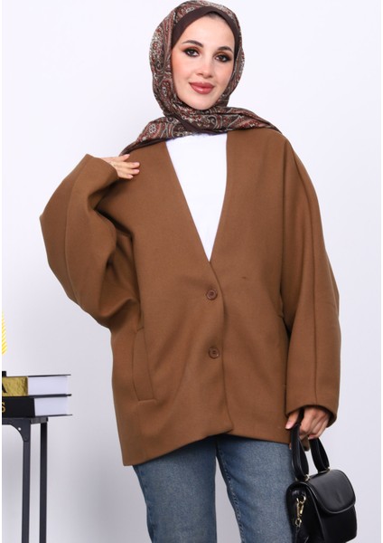 Kahverengi Düğme Detaylı Astarlı Kaşe Ceket