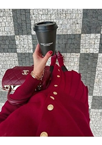 Kadın Bordo Triko Düğmeli Hırka Etek Takım Tüm Sezonlar İçin Tasarlandı indirimleri