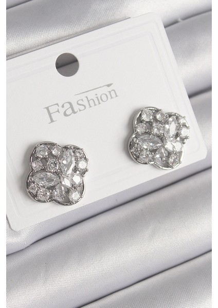 Pirinç Gümüş Renk Zirkon Taşlı Yonca Model Kadın Küpe - TJ-BKP9763