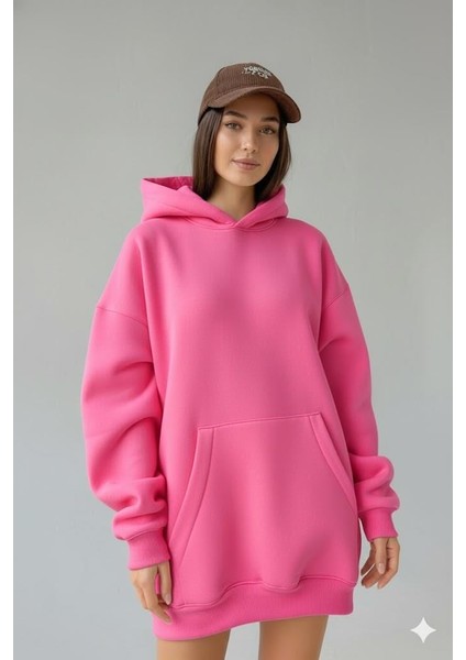 Kadın Oversize Pembe Sweatshirt 3 Iplik Şardonlu Kapüşonlu Cepli – Rahat Kalıp