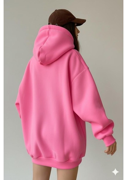 Kadın Oversize Pembe Sweatshirt 3 Iplik Şardonlu Kapüşonlu Cepli – Rahat Kalıp fiyatları