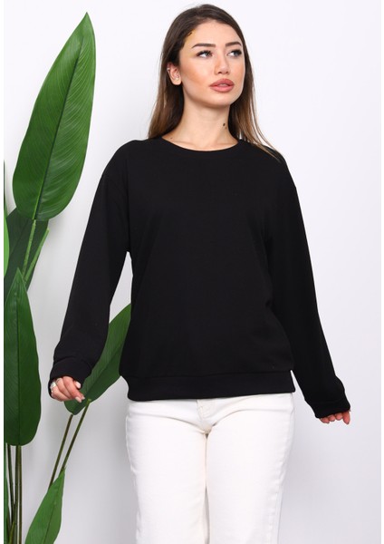 Siyah Bisiklet Yaka İki İplik Sweatshirt