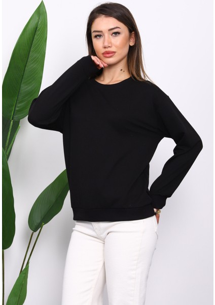 Siyah Bisiklet Yaka İki İplik Sweatshirt modelleri