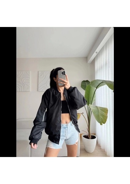 Unisex Içi Astarlı Düz Bomber Ceket - Siyah modelleri