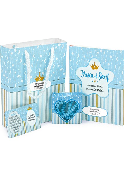 20 Adet Hediyelik 4'lü Mevlüt Seti - Isme Özel Etiketli - Çanta, Tesbih, Magnet, Yasin Kitabı - Mavi