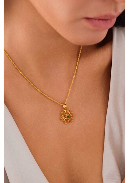 14 Ayar Altın Papatya Zümrüt Kolye fiyatları