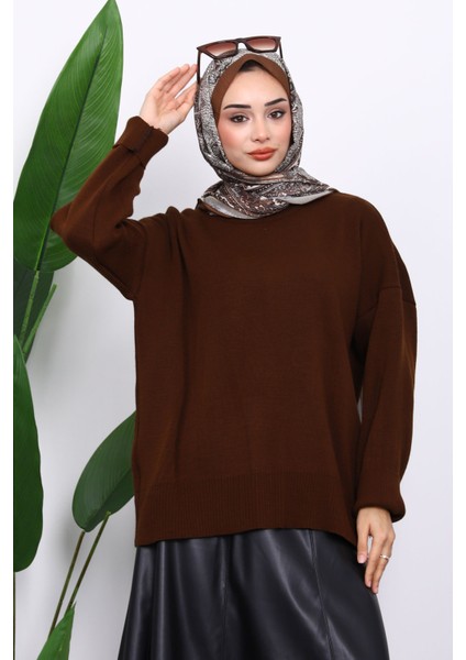 Kahverengi Bisiklet Yaka Yumuşak Dokulu Oversize Triko Kazak