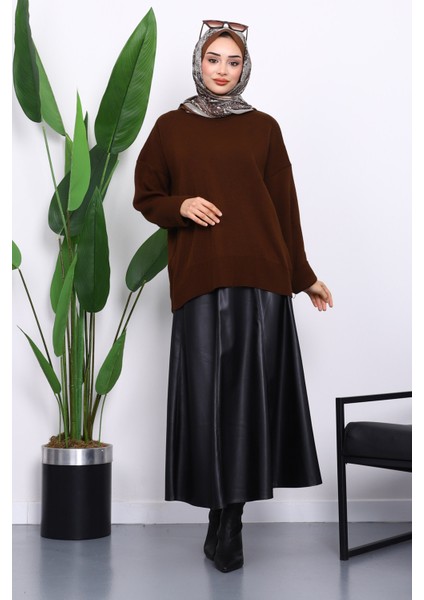 Kahverengi Bisiklet Yaka Yumuşak Dokulu Oversize Triko Kazak fiyatları