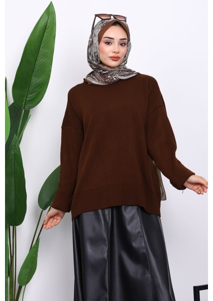 Kahverengi Bisiklet Yaka Yumuşak Dokulu Oversize Triko Kazak modelleri