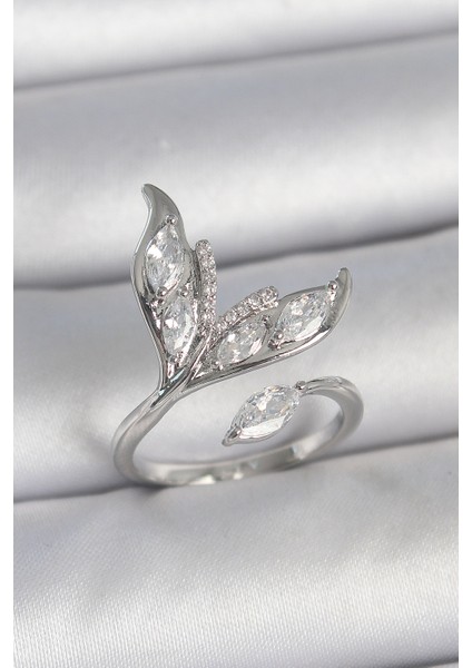 Pirinç Gümüş Renk Zirkon Taşlı Balık Kuyruğu Model Ayarlanabilir Kadın Yüzük - Lisinya