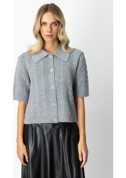 Kadın Kısa Kollu Örme Hırka 65917 Gri