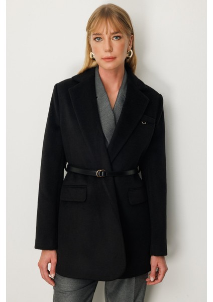 Kadın Beli Kemerli Kapak Cepli Kaban 6011 Siyah