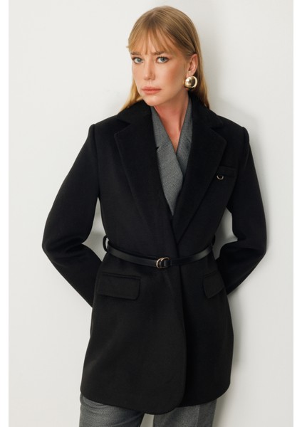 Kadın Beli Kemerli Kapak Cepli Kaban 6011 Siyah fiyatları