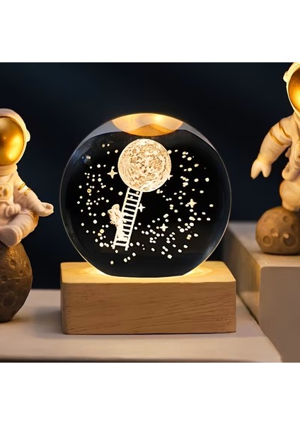 Işıklı Cam Küre Ahşap Standlı 3 Boyutlu Gezegen Küre USB Kablolu
