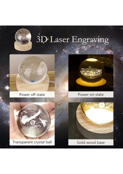 Işıklı Cam Küre Ahşap Standlı 3 Boyutlu Gezegen Küre USB Kablolu modelleri