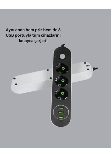 USB Yuvalı Anahtarlı Üçlü Priz 2 Metre Kablolu fiyatları