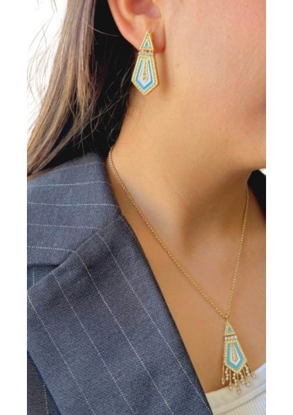 Turkuaz Taşlı Geometrik Desenli Çelik Kolye ve Küpe Takımı