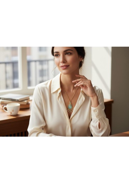 Turkuaz Taşlı Geometrik Desenli Çelik Kolye ve Küpe Takımı modelleri