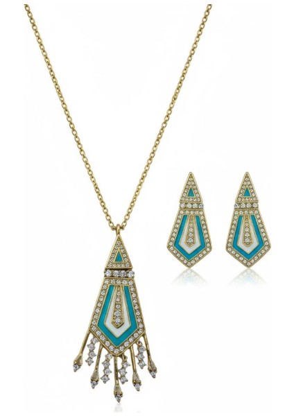 Turkuaz Taşlı Geometrik Desenli Çelik Kolye ve Küpe Takımı fırsatları