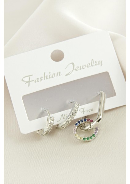 3 Adet Halka Zirkon Taşlı Küpe