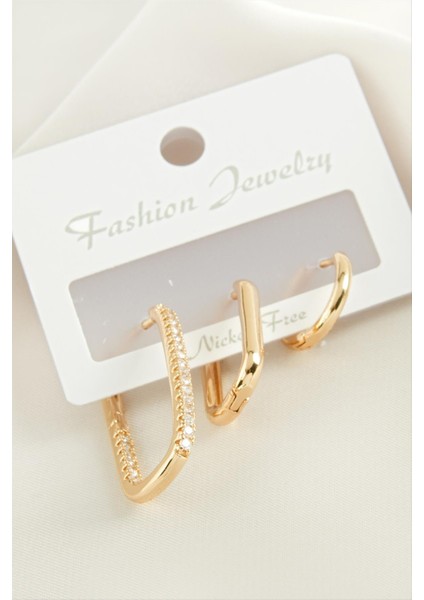 3 Adet Oval Zirkon Taşlı Küpe