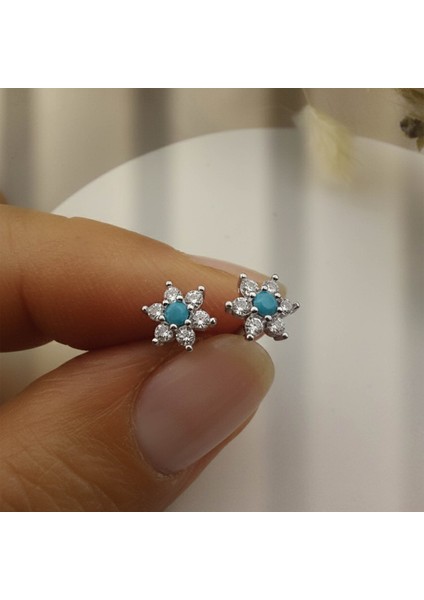 925 Ayar Gümüş Turkuaz Taşlı Minimal Lotus Küpe fiyatları