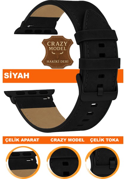 apple watch uyumlu seri 1/2/3/4/5/6/se/7/8/9 ultra/ultra2 42/44/45/49mm crazy deri saat kordonu kayışı l10hwc-sıyah-black
