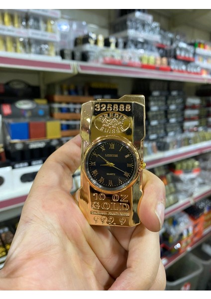 Altın Külçe Tasarımlı Saatli Metal Çakmak